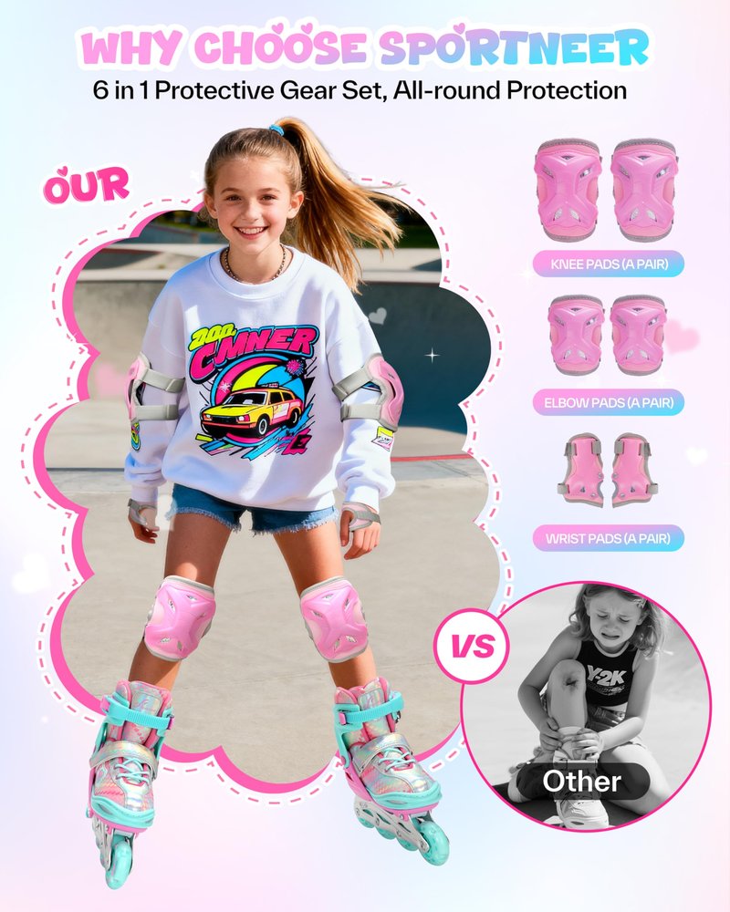 Sportneer Inline Roller Skates, Roller Boots Adjustable Size 2-7.5 with Illuminating Wheels Roller Blades Protective Gear Set for Gilrs Women