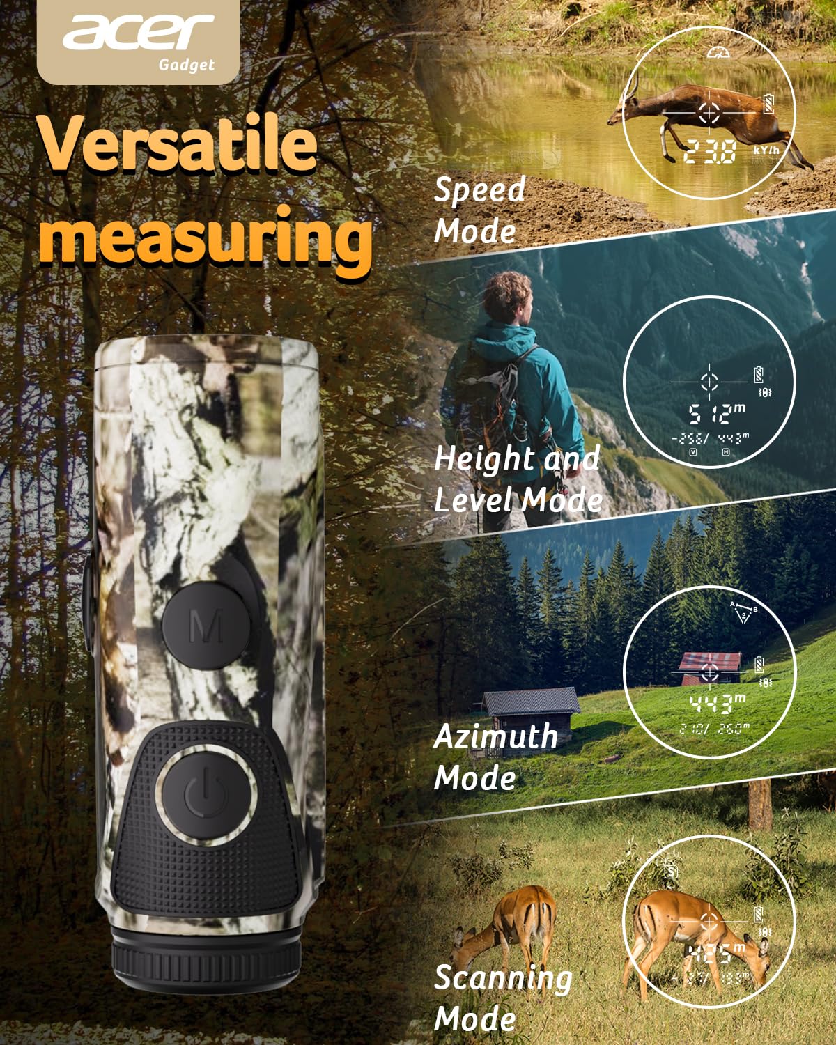 Acer Hunting Range Finder with Slope- 1200 Yards Laser Range Finder Golf, 6X Magnification Rangefinders Golf with Flag Pole Locking Vibration, Rechargeable Magnetic Golfing Gift for Men, Camo
