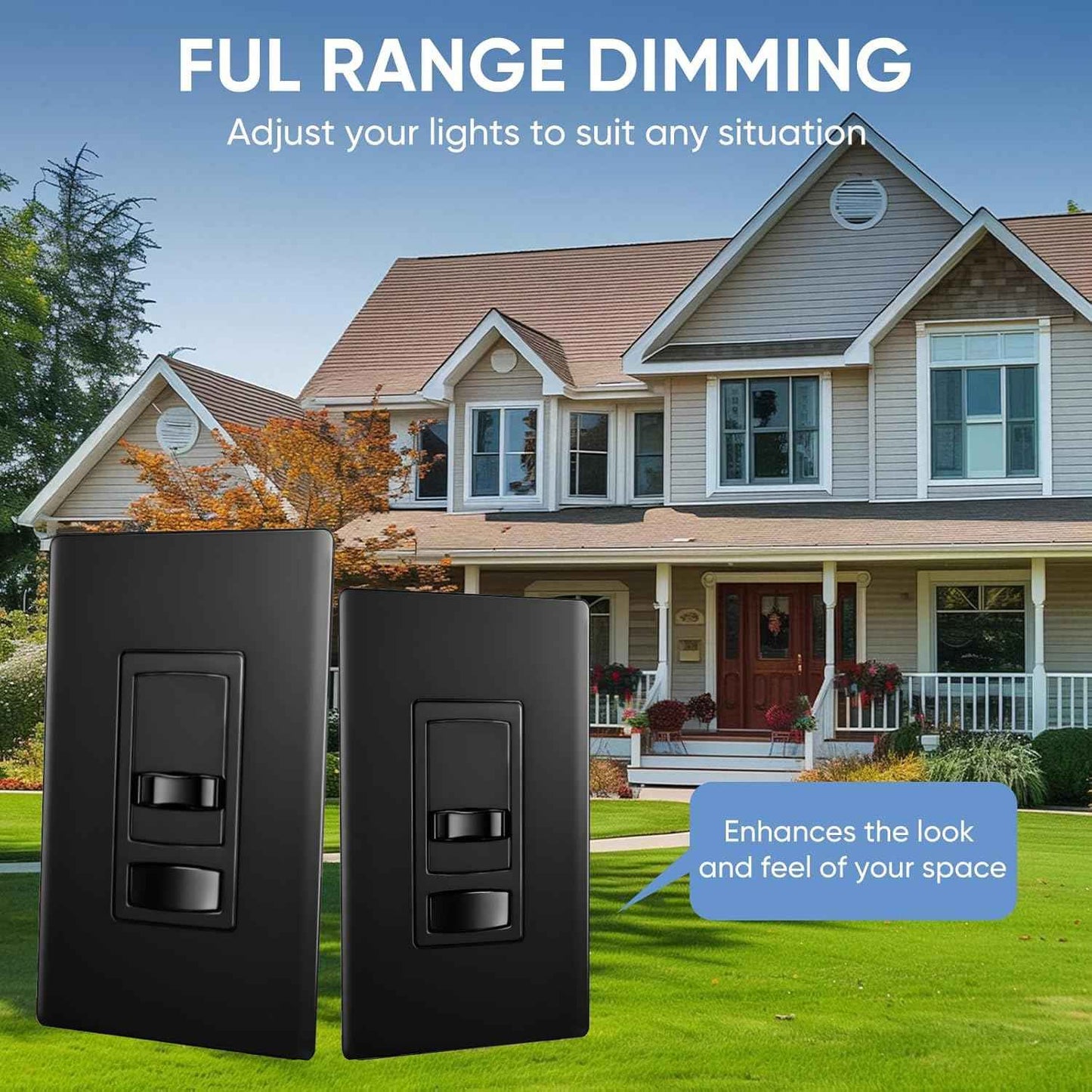 Dimmer Light Switch, for 300W Dimmable LED/CFL Lights and 600W Incandescent/Halogen, Single Pole/3-Way LED Slide Dimmer, Wall Plate Included, UL Listed, Black, 2PK