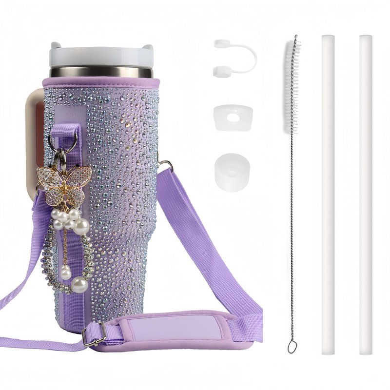Water Bottle Carrier Bag for Stanley 40oz Tumbler - Stanley Cup Belt Bag with Adjustable Strap, Straw Cover & Pearl Bracelet - Stanley Cup Accessories(Purple Diamond Pro)
