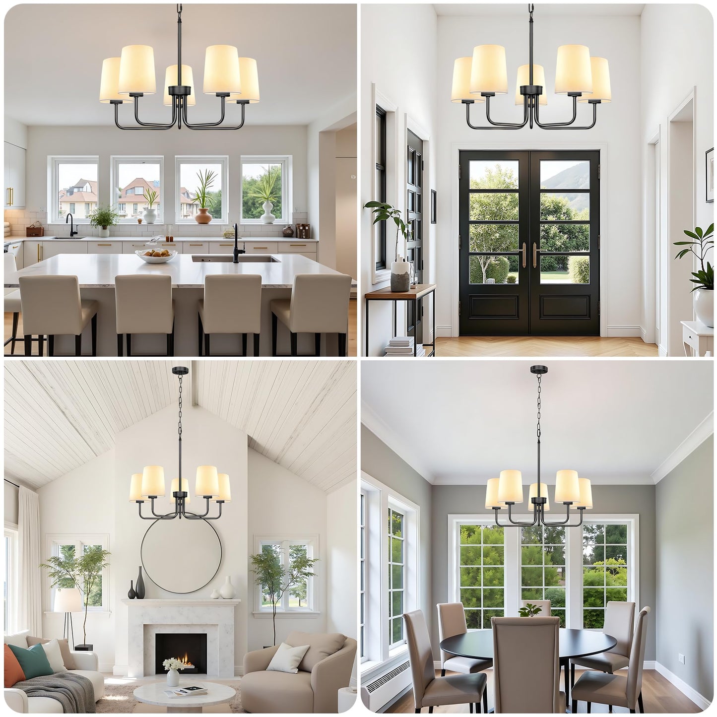 Laiebri Farmhouse Chandelier, 5-Light Black Chandelier with White Fabric Shade, Height Adjustable Modern Dining Room Light Fixture with E26 Base for Bedroom Foyer Hallway Entryway Kitchen Living Room