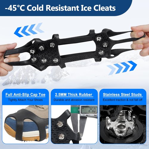 Ice Cleats for Shoes and Boots, Universal Non Slip Snow Cleats Spikes for Shoes with Straps, Anti Slip Crampons Slip-on Rubber Overshoe Flexible Footwear for Winter Hiking Walking Shoveling