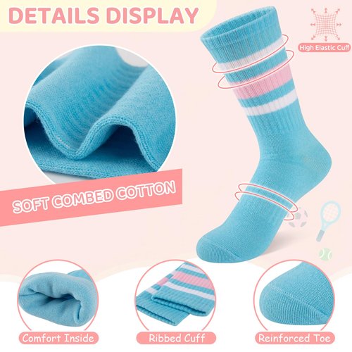 Comfoex Girls Crew Socks Kids Athletic Calf Socks 7 Pairs Soft Cotton & Casual Stripe for Children 8-10 10-12 Years Old