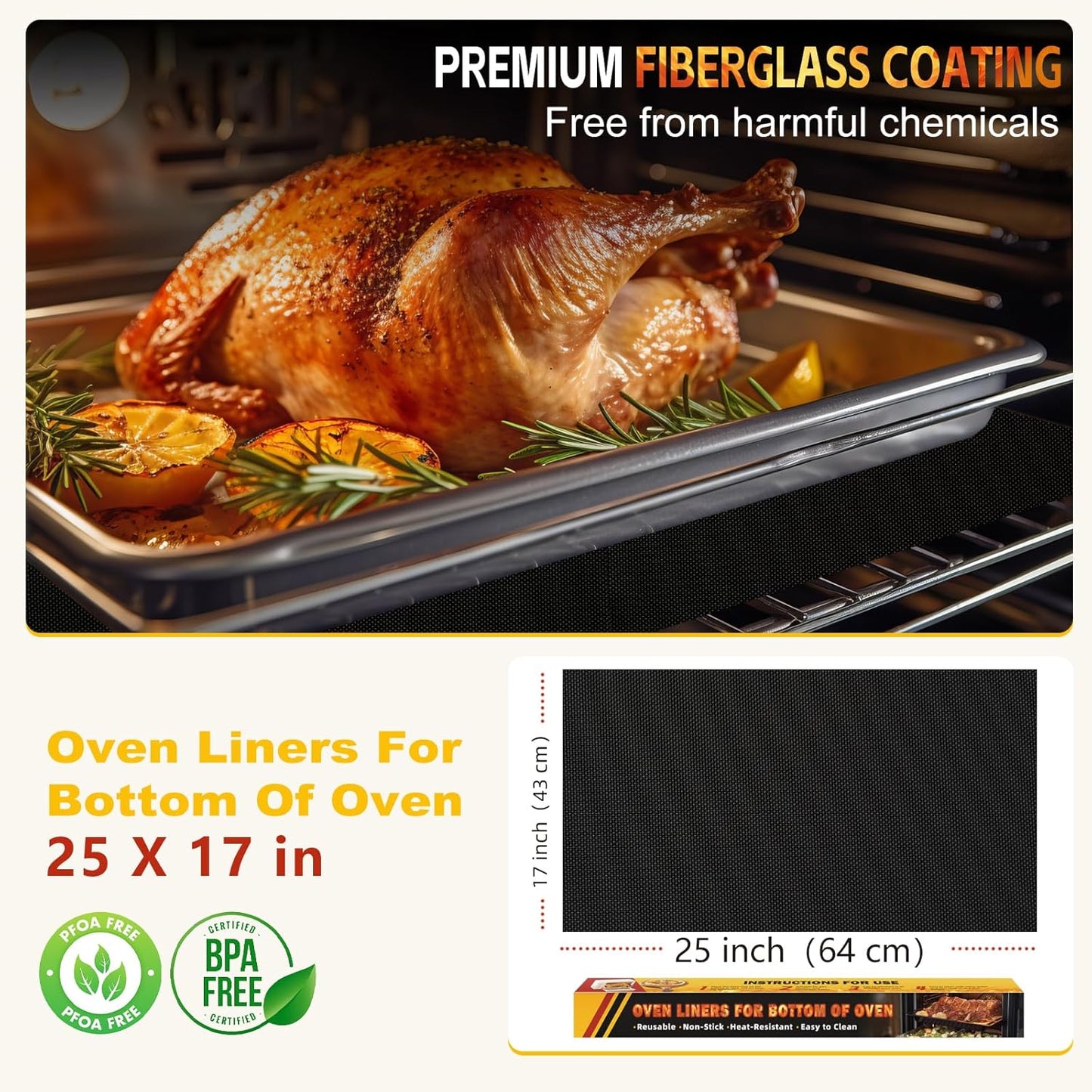 Skiennix Oven Liners - 2 Pack Heavy Duty Non-Stick Mats | Reusable & Heat Resistant, 17"x25", BPA/PFOA Free