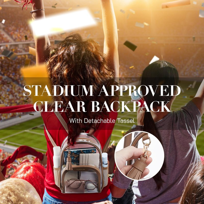 Missnine Small Clear Backpack Stadium Approved, Thick PVC Mini Clear Bag with Leather Trim for Sports Event, Concert, Festival