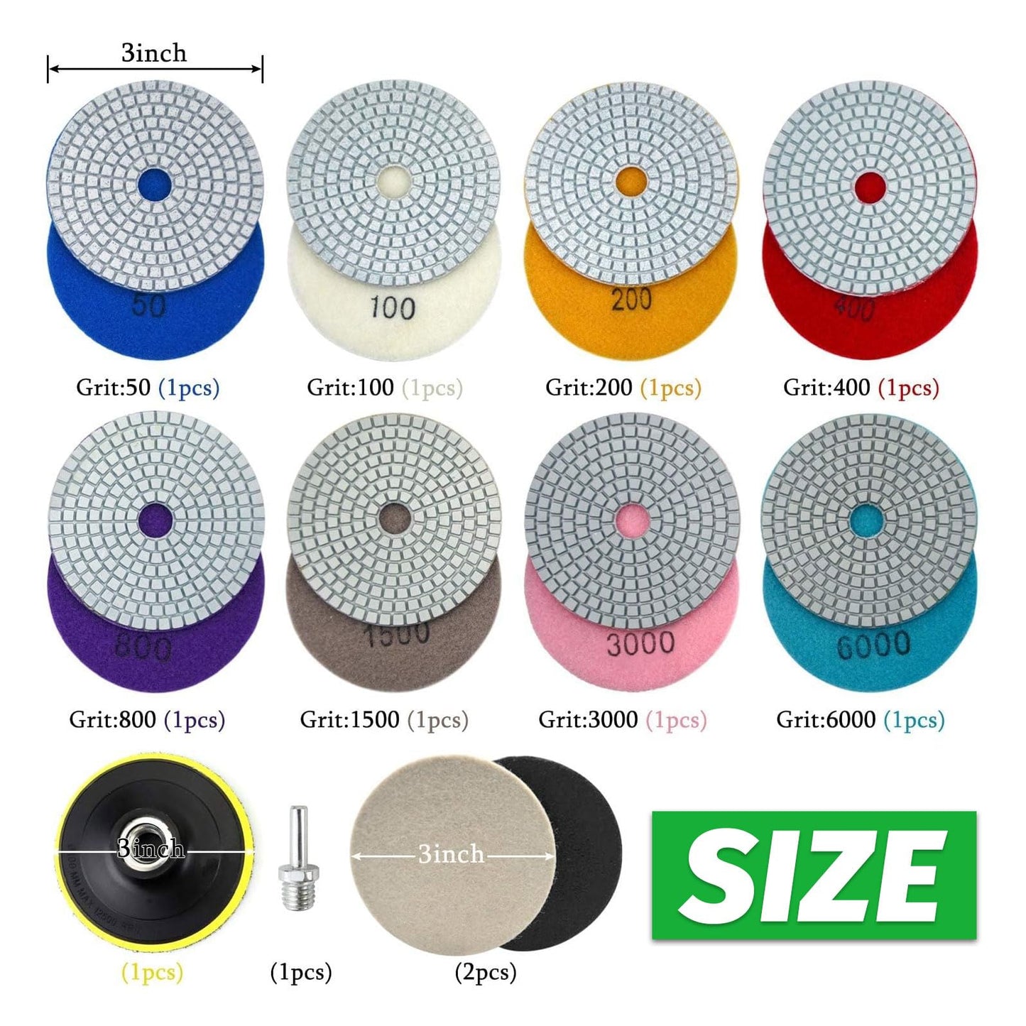 3 Inch Diamond Polishing Pads with M14 Backer Pad, 12PCS Wet/Dry Granite Stone Polish Pad Kit for Drill, Grinder, Polisher, 50-6000 Grit Diamond Sanding Pad for Concrete Marble Rock