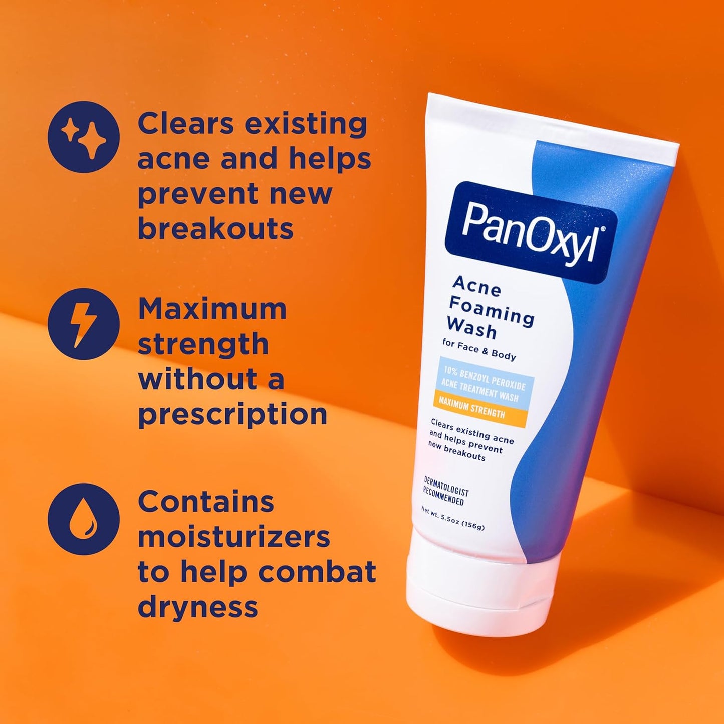 PanOxyl Acne Foaming Wash - 10% Benzoyl Peroxide Maximum Strength Cleanser | 5.5 Oz Tube for Clear Skin