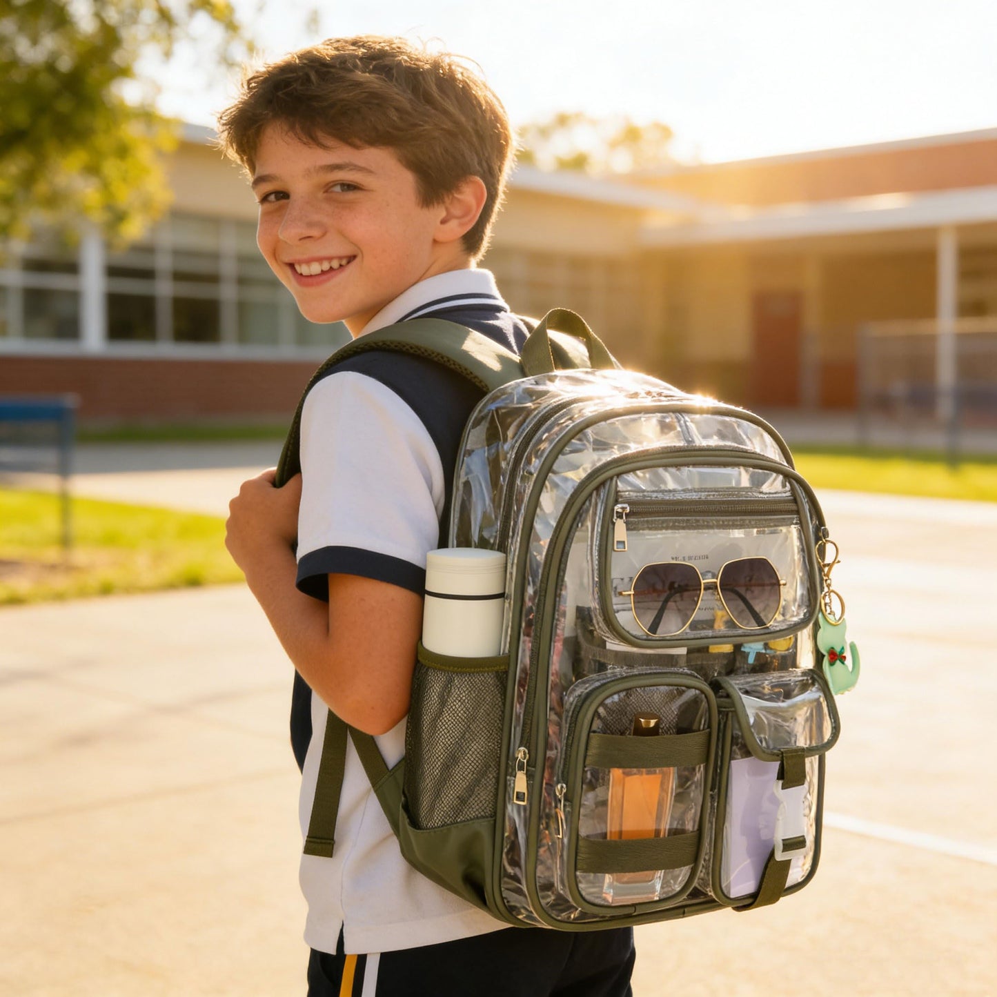 Lroiutian Clear Backpack for School Girls Boys Heavy Duty Transparent Backpack with Multiple Pockets, Lightweight PVC See Through Bookbag for Students-Army Green
