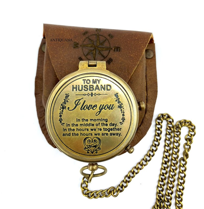 ANTIQUANA Brass Compass Unique Print To My Husband Compass With Leather Case Antique Brass Compass With Chain A Great Gift Item For Your Loved Ones Hikers And Traveler By