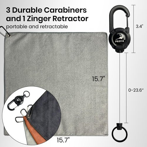 Pristis 3 Pack Fishing Towels with Clips & one Heavy Duty Zinger Retractor, 16x16'' Retractable Plush Microfiber Bait Towel with Loop, Absorbent Utility Accessory for Fly Fishing Kayaking Hiking Boat