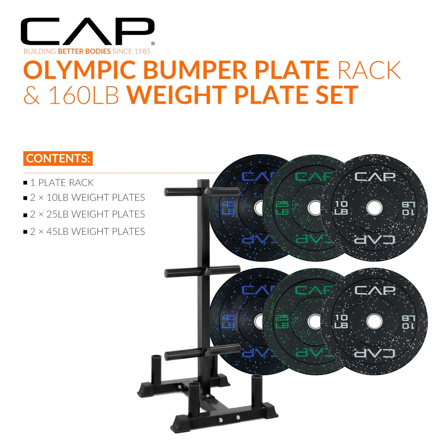 CAP 160 lb Economy Speckled Olympic Bumper Plate Set with Storage Rack, 2-Inch Olympic Plates, Medium Bounce Rubber Weight Plates with Steel Hub, 6 Weight Posts & 4 Barbell Holders for Weightlifting, Strength Training & Home Gym Workouts