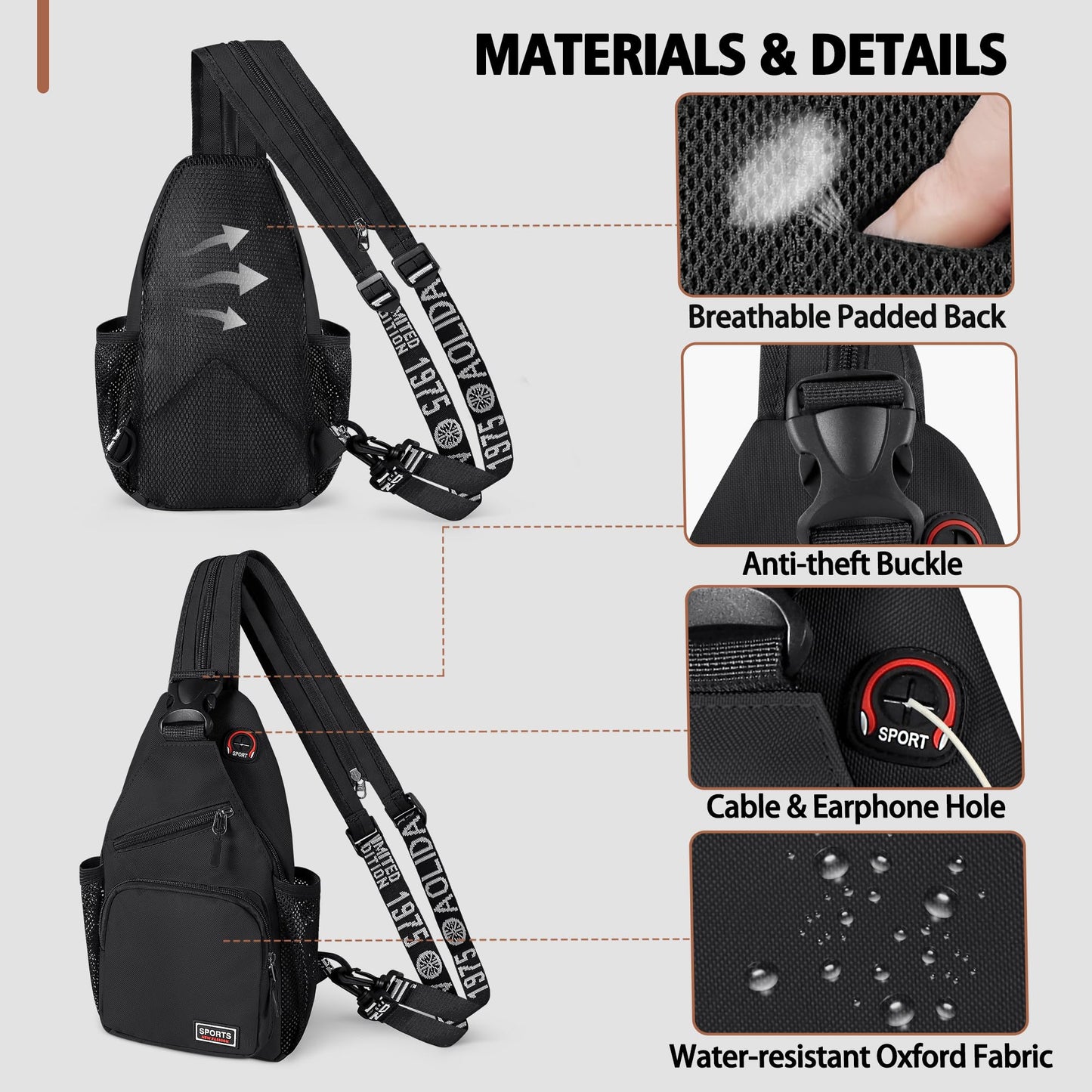Geestock Convertible Sling Bag for Women Men, Lightweight Crossbody Backpack Daypack Chest Bag Fit 7.9" Tablet for Travel, Sport, Hiking & Commute, Black, 7.09in×3.15in×12.60in