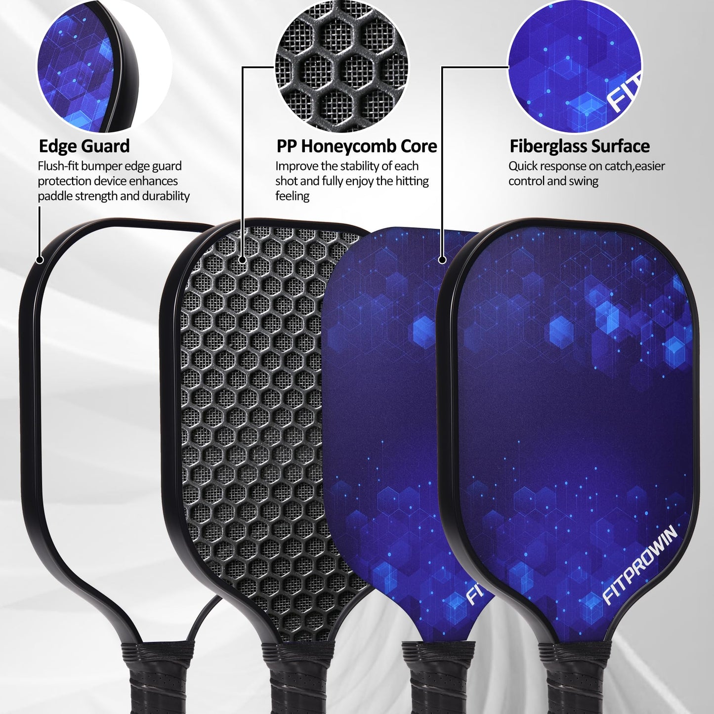 FITPROWIN Pickleball Paddles Set of 2 Fiberglass Pickleball Paddles with 16mm Honeycomb Core Lightweight Blue Pickle Ball Paddles for Men Women Beginners，4 Balls, Portable Bag