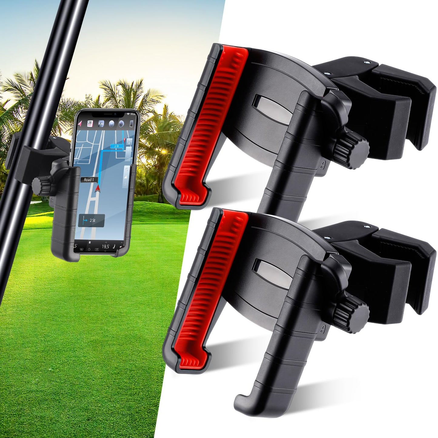 Relaxweex 2 Pcs Golf Cart Phone Mount Holder Compatible with All 4.7-7.2" Cell Phones Golf Cart Accessories Essentials Gift, 3s Install, 1s Lock & Release(Red)
