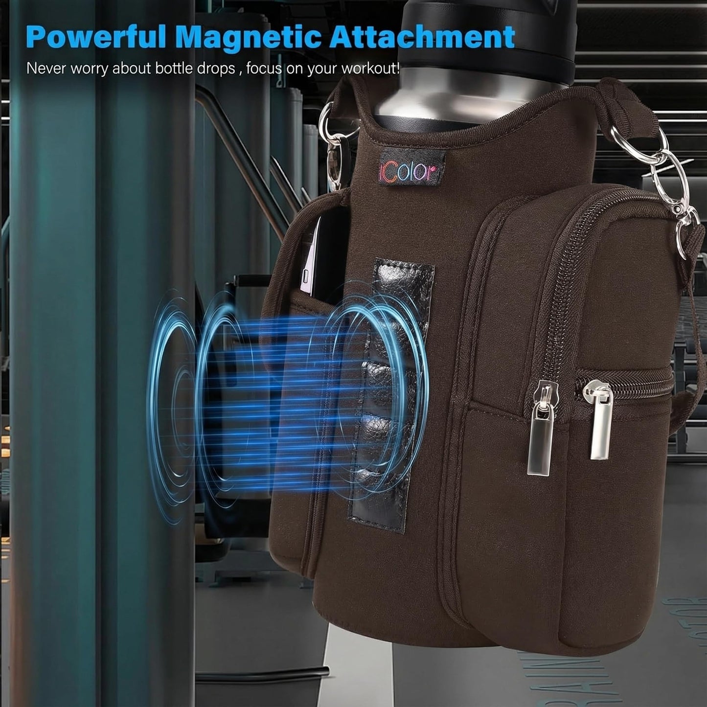 icolor Magnetic Gym Bag Water Bottle Carrier Holder with Phone Pockets & Shoulder Strap,Gym Magnetic Bag 5 Built-in Magnets Gym Accessories Organizer Sling Bottle Bag Pouch Sleeve (Neoprene, Brown)
