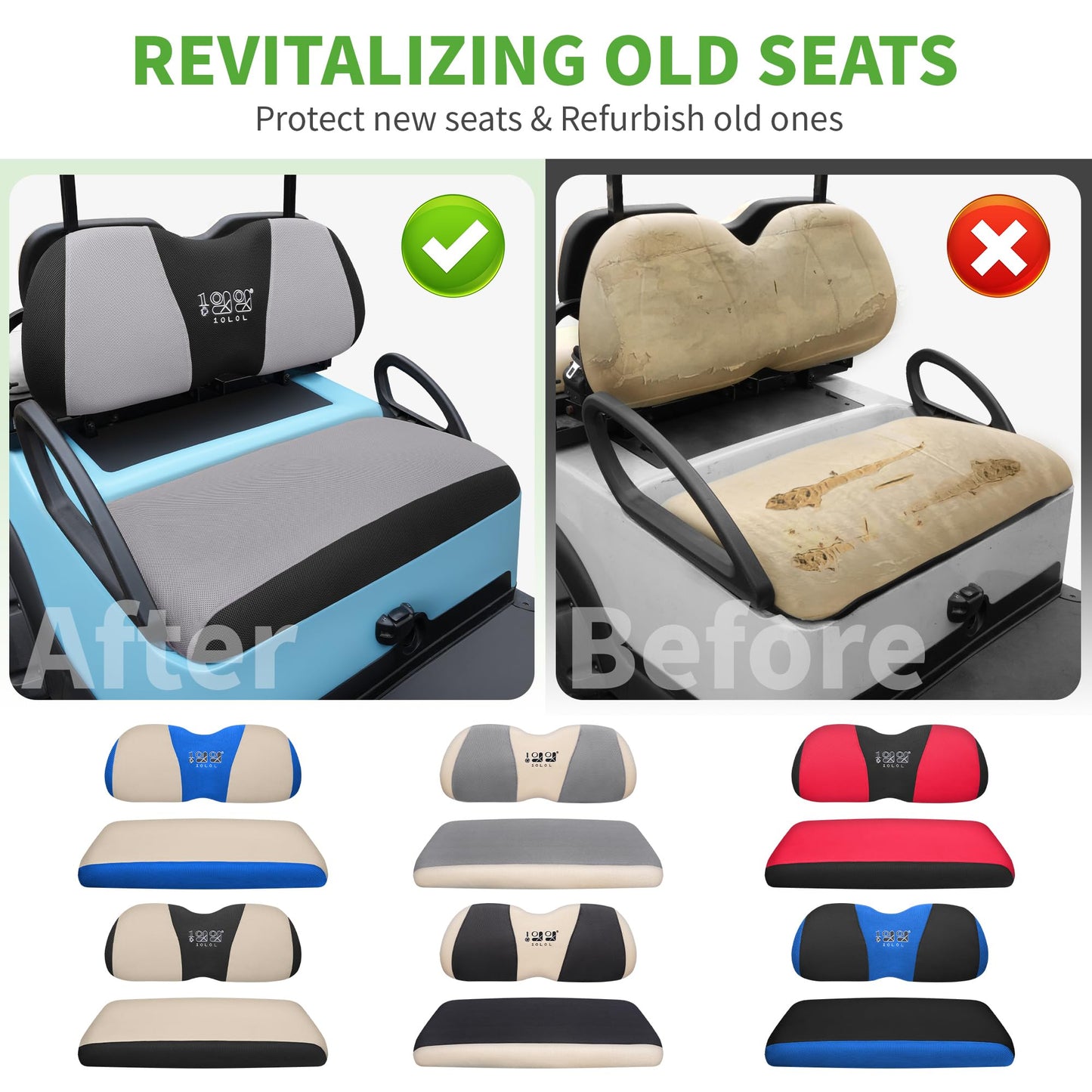 10L0L Golf Cart Seat Covers Universal for Yamaha G29 Drive2 Club Car DS Precedent Tempo Standard Front Seats, Breathable Mesh Bench Seat Cover, No Drilling Seat Cushion - All-Season Comfort