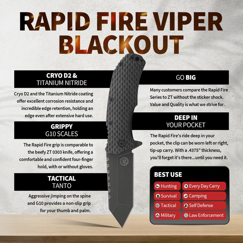 Off-Grid Knives - Rapid Fire Viper, Assisted Tanto Blade, Hard Use Build, Tactical, Camping & Survival EDC, Cryo D2 Steel, Blackwash, G10 Scales, Deep Pocket Carry (Blackout)