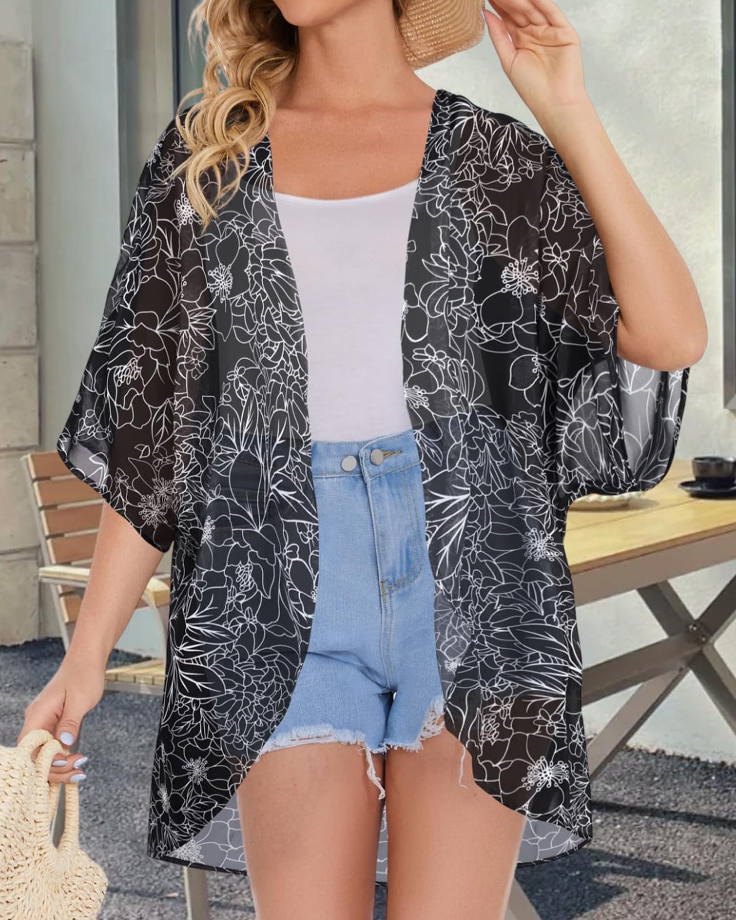 Womens Floral Kimono Cardigans Loose Puff Sleeve Casual Beach Coverups Tops (Black Brief Flowers,M)