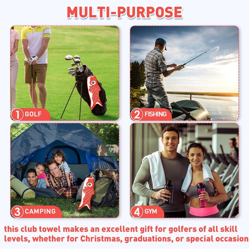 Mindsoft Microfiber Golf Towel Koi Fish Golf Towel with Carabiner Clip Cleaning Cloth & Clubs Koi Pattern Golfs Accessories and Gifts for Men Women(Red)