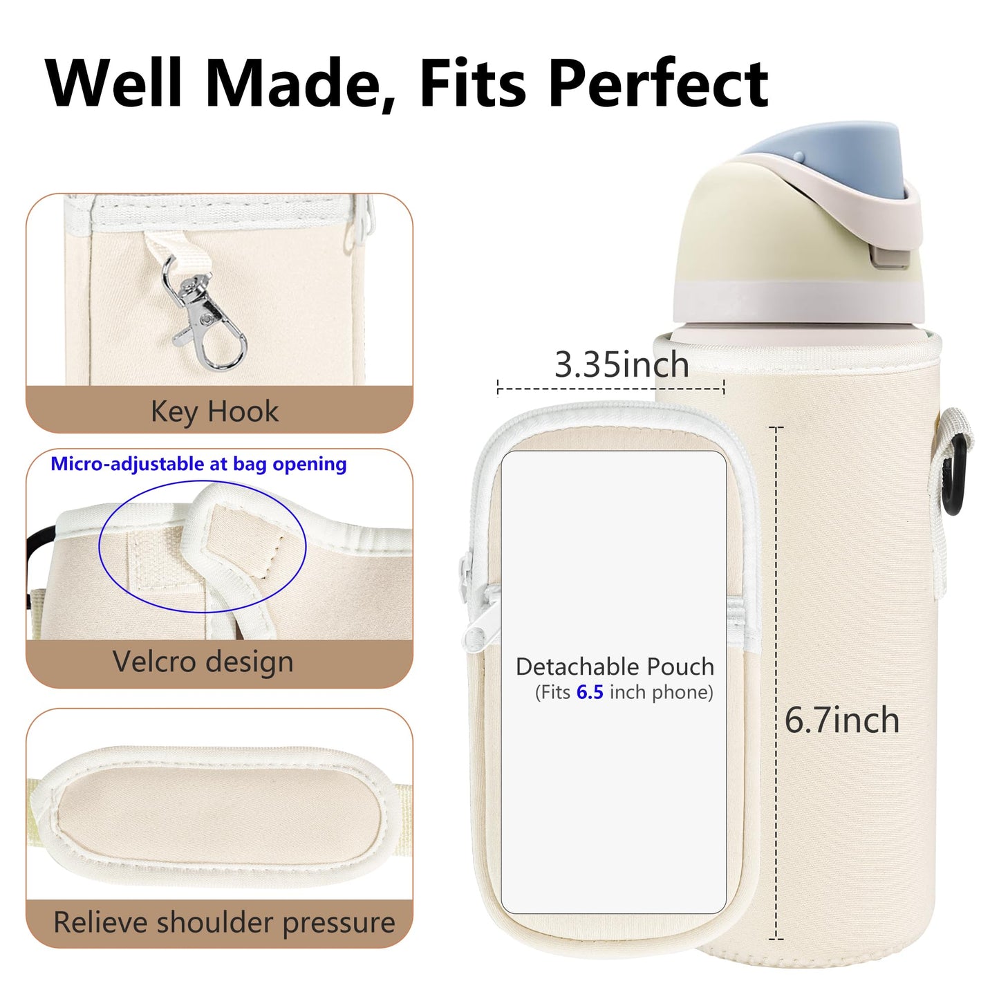 Icesip Water Bottle Carrier Bag with Strap for Owala FreeSip 24 oz with Detachable Phone Pocket for Owala Accessories 24oz Water Bottle Sleeve for Walking Camping Gym Off White