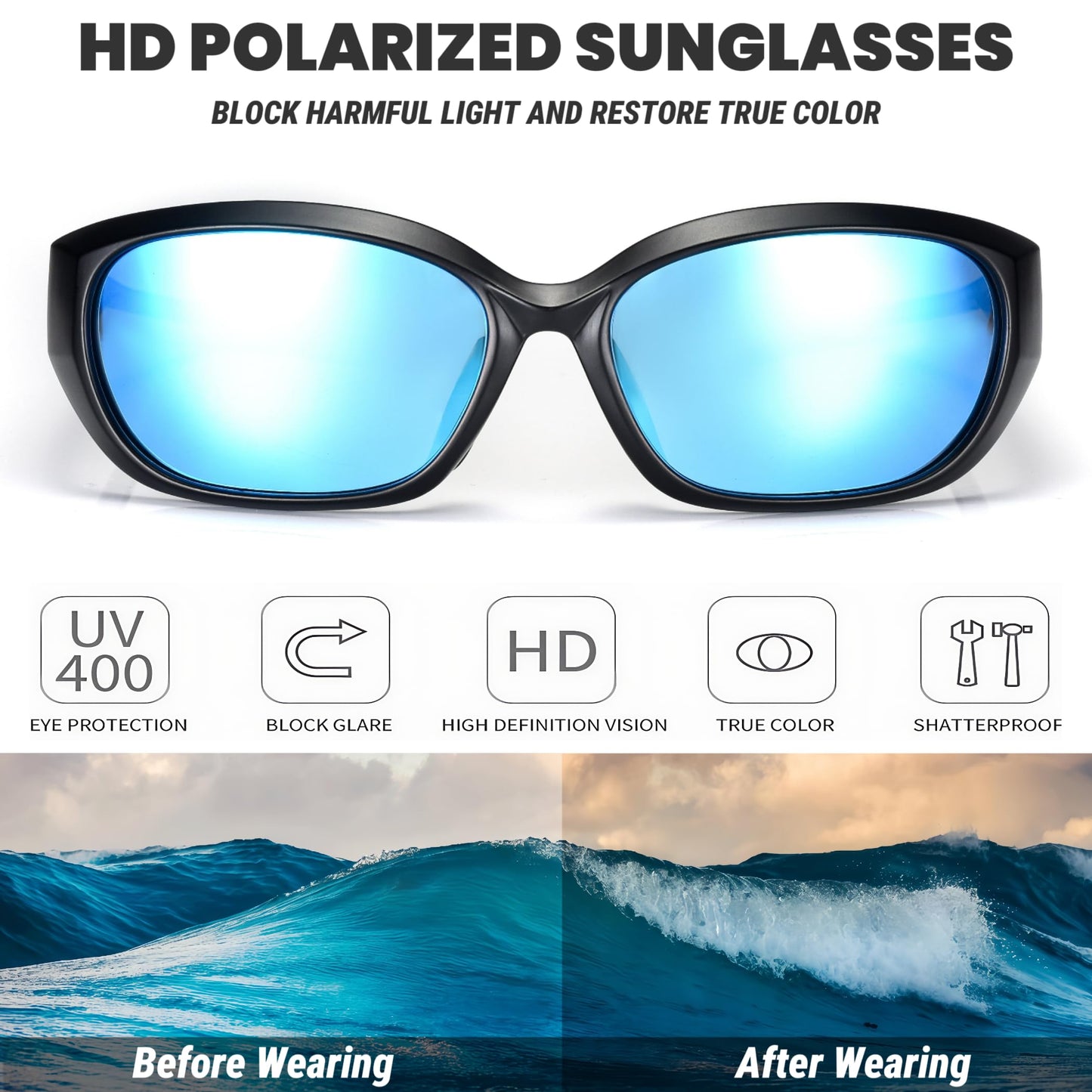 ICARA Polarized Sport Sunglasses for Men Women, UV400 Protection TR90 Frame, Ideal for Driving Cycling Fishing Running (Black Frame/Blue Lens)