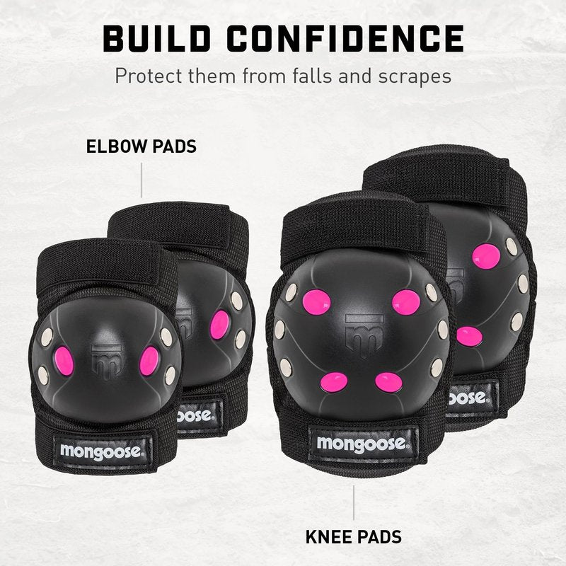 Mongoose Kids BMX Bike Gel Knee and Elbow Pad Set, Multi-Sport Protective Gear for Boys and Girls Age 8 and Up, Kneesavers and Elbowsavers, Black/Pink