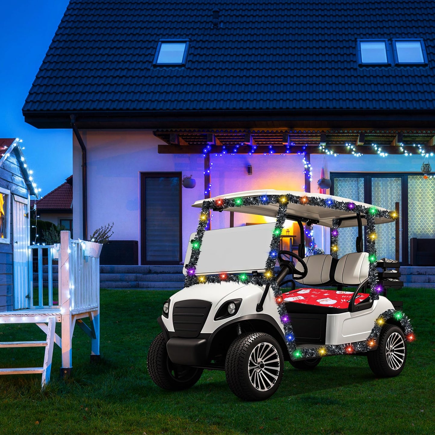 HunnmingRe 2 Pcs Christmas Golf Cart Decorations Christmas Golf Cart Seat Covers Silver Tinsel Garland with LED Lights Golf Cart Accessories Christmas for Christmas Tree Golf Cart Decorations