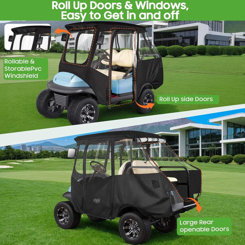10L0L Golf Cart 4 Passenger Enclosure for Club Car Precedent Short Roof 57.5" Deluxe 600D Golf Cart Heavy Duty Rain Cover with 4 Zipped Doors Clear PVC Windows (Black)