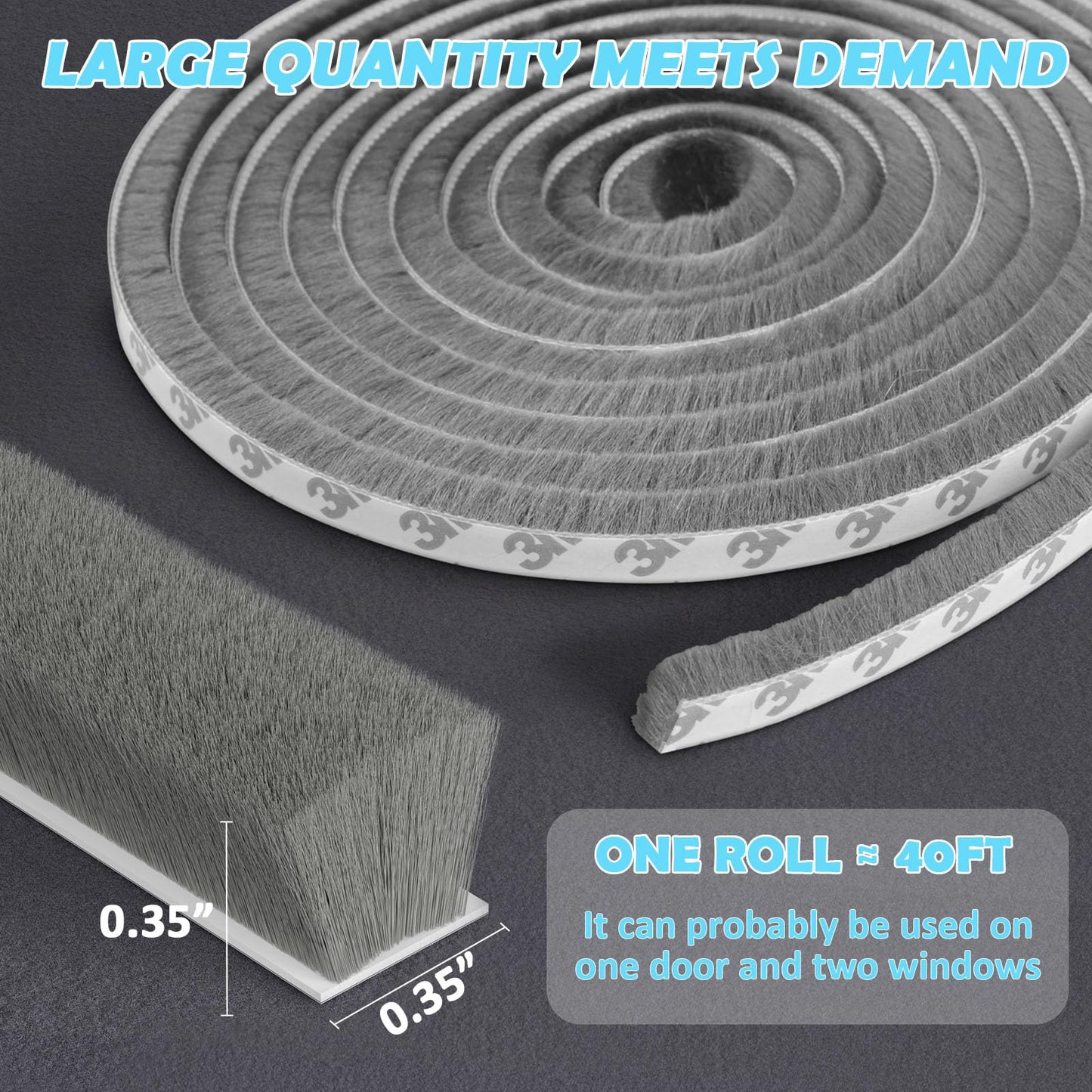 Bantie 40FT Weather Stripping Door Window Seal - Brush Weather Strip Insulation Strip for Door Frame Weatherstripping for Soundproofing (0.35" X 0.35",40FT)