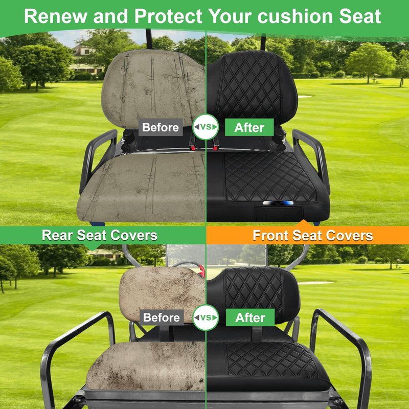 LEAPGOMAX 4PCS Golf Cart Seat Covers Front and Rear Set Fit for Club Car Precedent OEM Standard Seat Seat Thick Leather Custom Diamond Comfortable, Anti-Scratch, No Staples Black