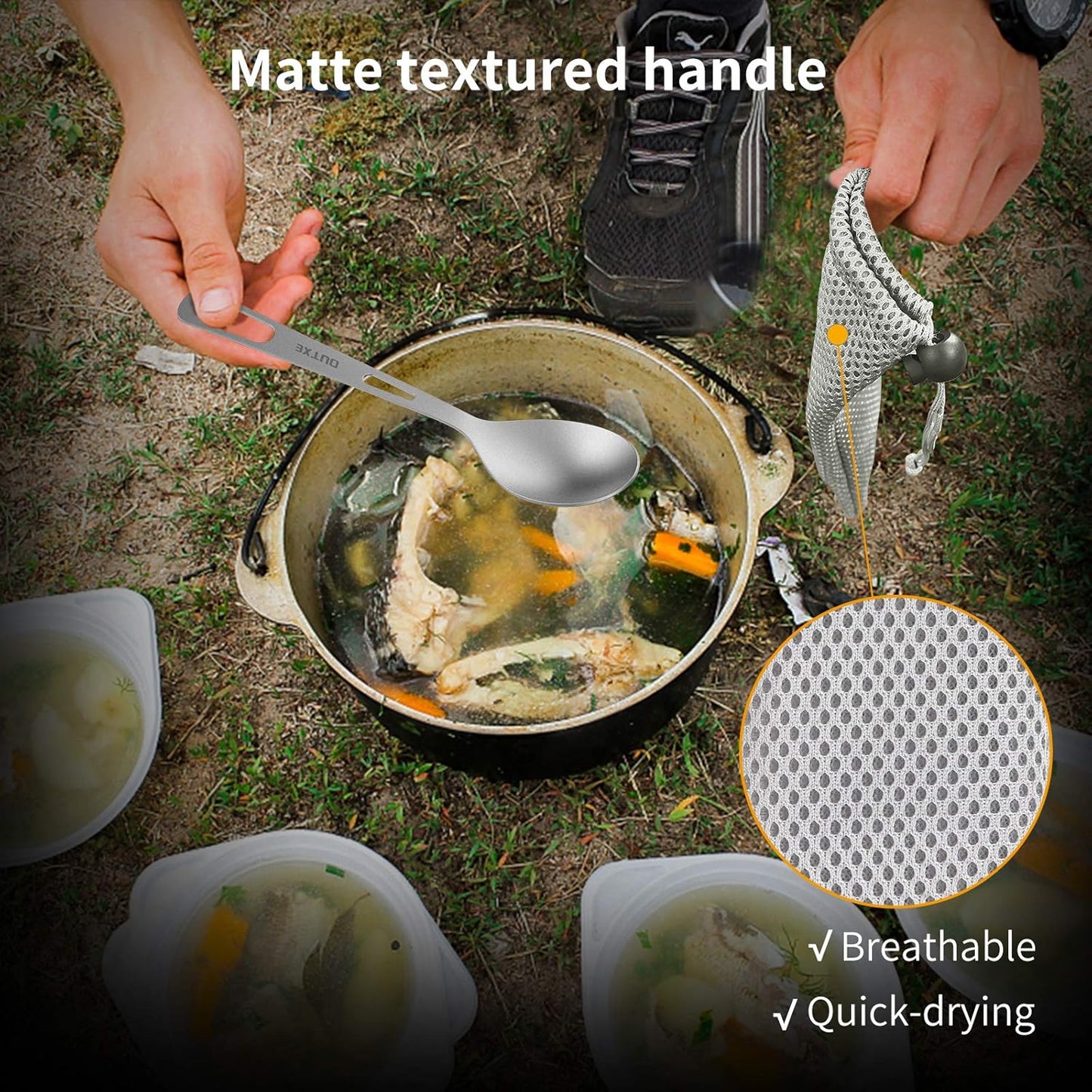 OUTXE Titanium Flatware Set - Lightweight Camping Cutlery with Carrying Bag for Travel & Picnics