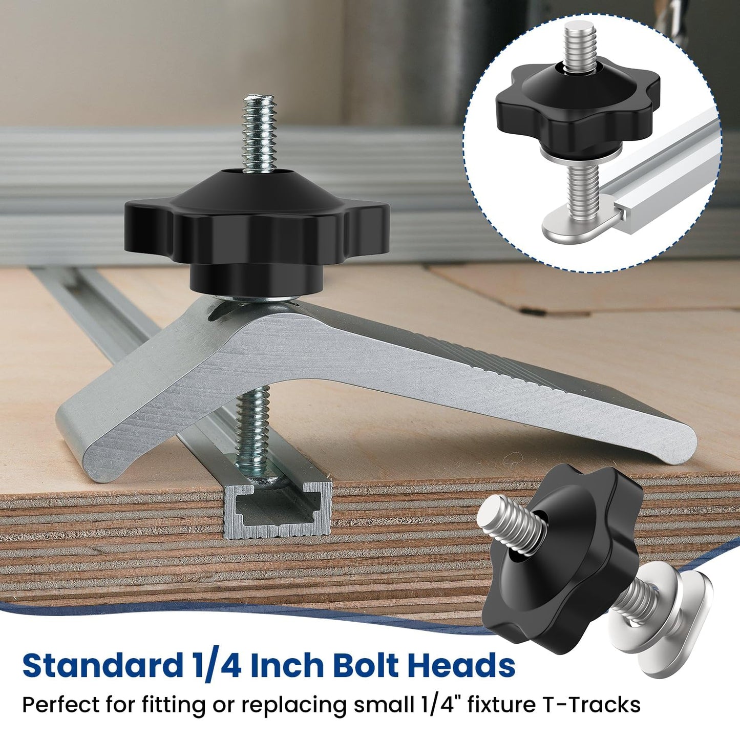 ZIUZI 10 Sets of 1/4"-20 T Track Knob Kit, Star Knobs Kit Include 1/4-20 Threaded Bolts with Washers and Star Knobs, T Track Accessories for Woodworking Jigs and Fixtures