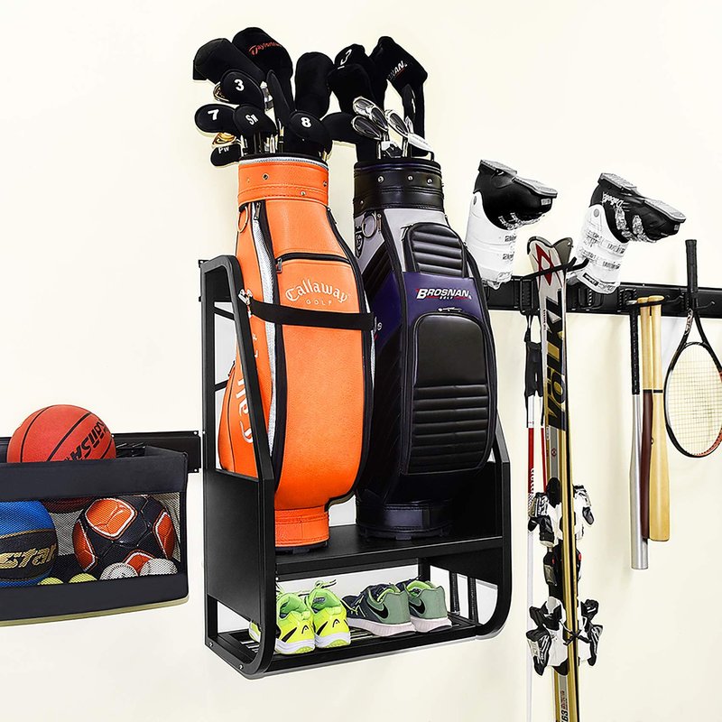 WALMANN Wall Mount Golf Bag Organizer for Garage, Extra Large 2 Golf Bag Stand Golf Equipment and Accessories Storage Rack for Garage Shed Basement