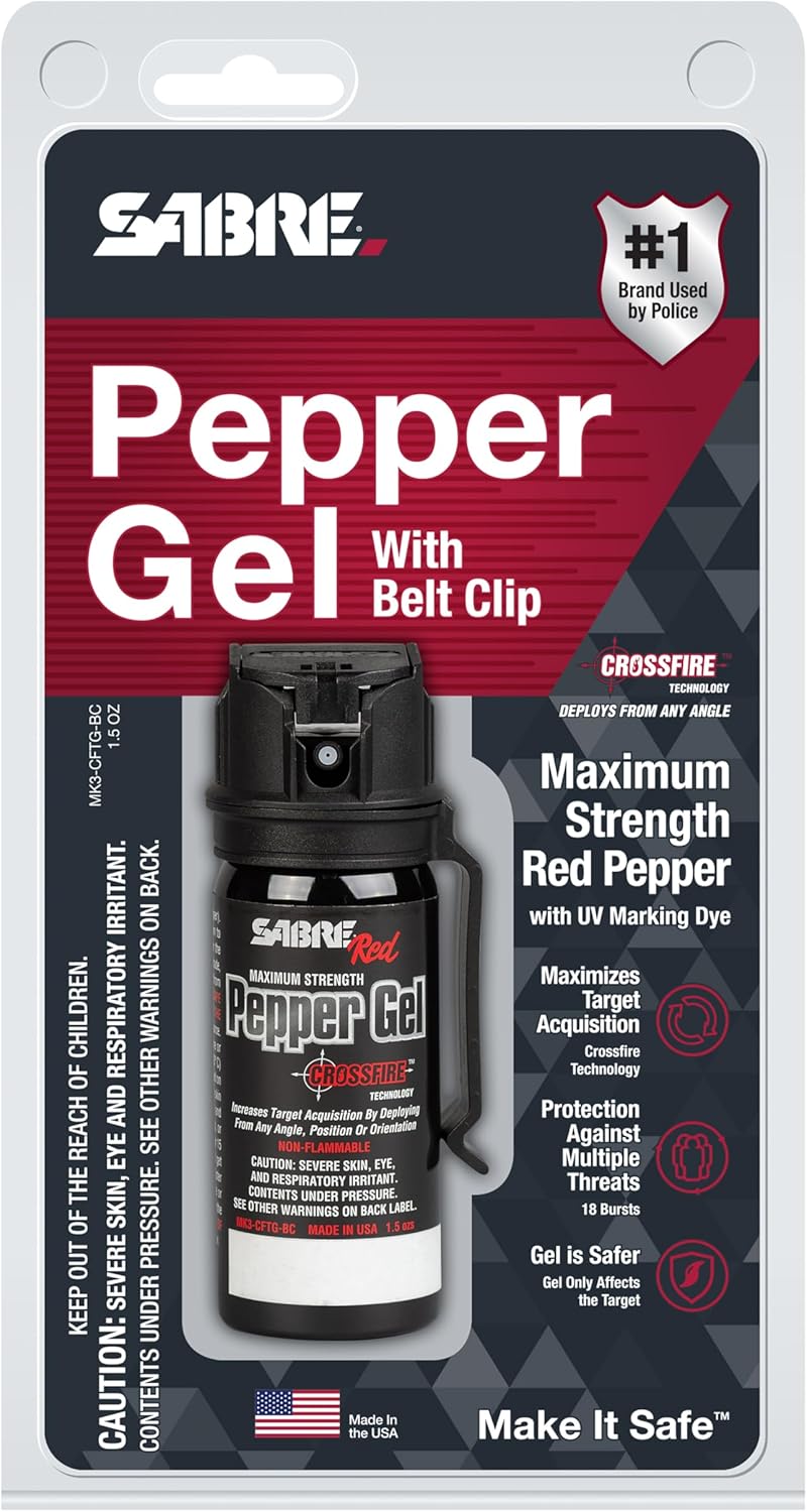 SABRE Crossfire Pepper Gel - Max Police Strength OC | Deploys At Any Angle, 1.5 fl oz with Belt Clip