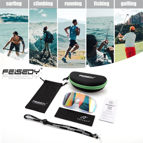 FEISEDY Sports Sunglasses for Men and Women, Large Rectangular Lens, Baseball Cycling Running Sunglasses B0243