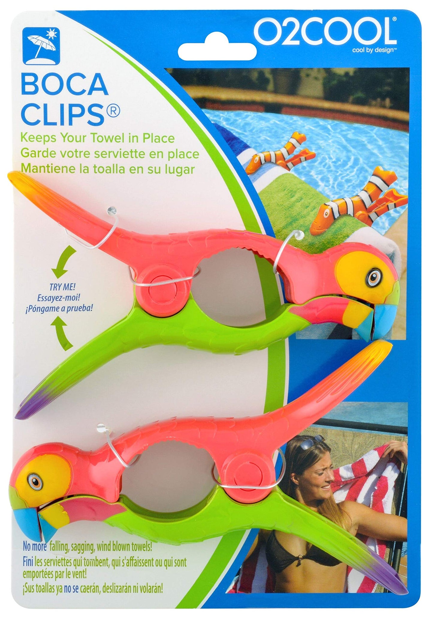 O2COOL BocaClips, Beach Towel Holders, Clips, Set of Two, Beach, Patio or Pool Accessories, Secure, Portable Clips for Towels and Chips, Parrot