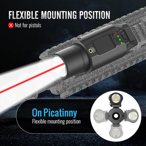 1500 Lumens Tactical Flashlight - Rechargeable Red Laser Light Combo for Rifle with Picatinny Rail