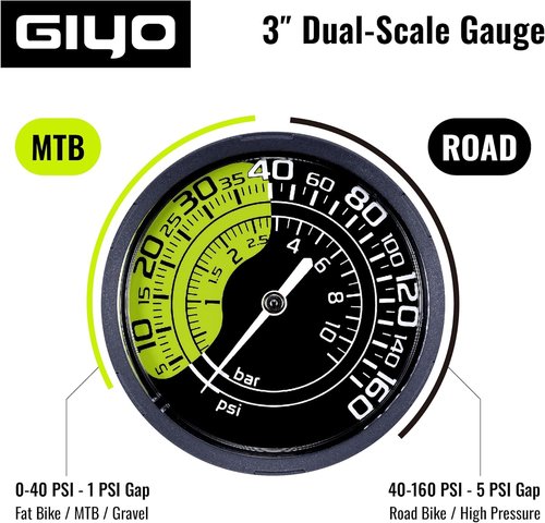 GIYO Bike Floor Pump - Dual Scale Gauge for Road & MTB | One-Handed Operation - 160PSI Steel Barrel