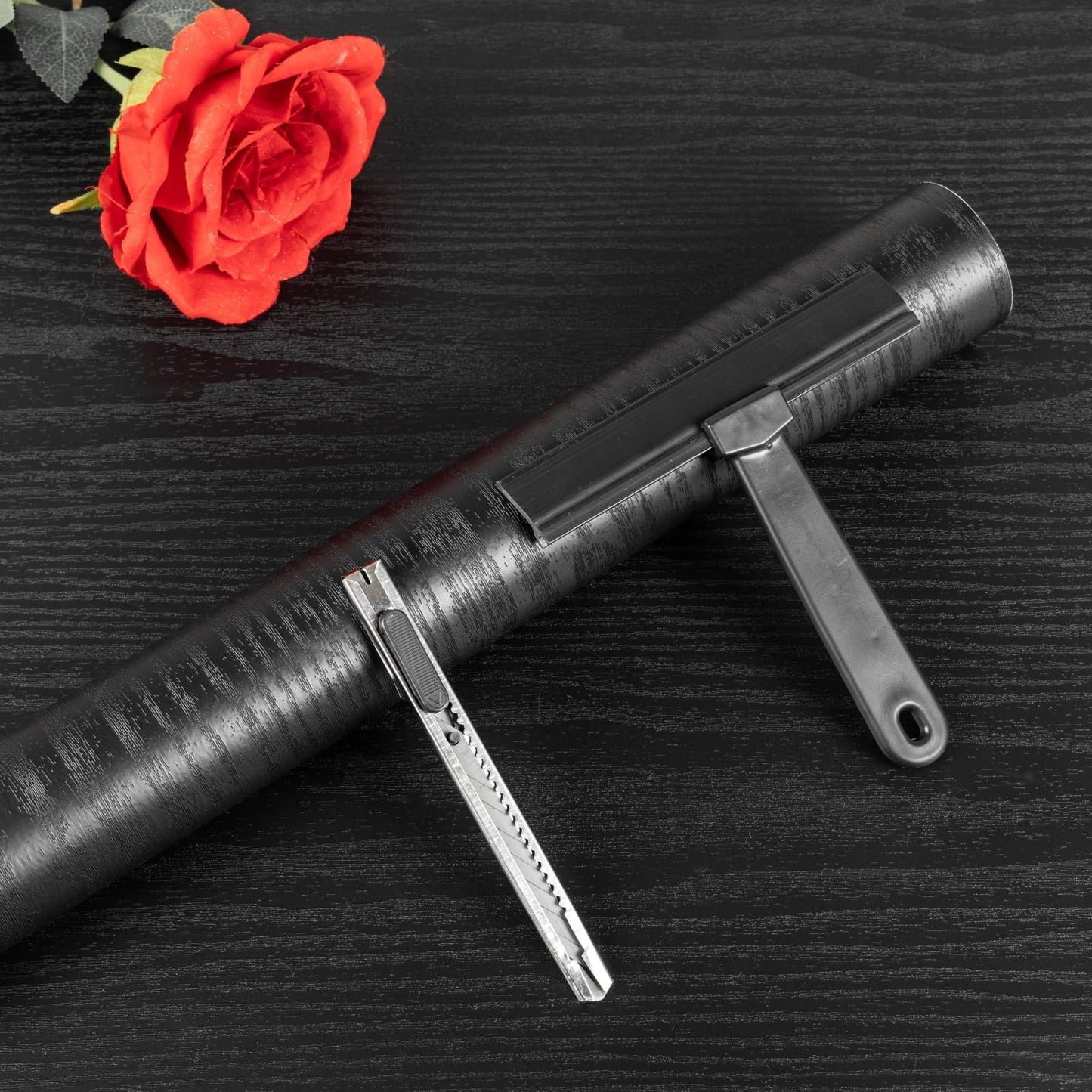 Wood Contact Paper With Tools, Black Peel and Stick Wallpaper Thickened No Tearing Vinyl Wrap, Self Adhesive Faux Wood Grain Wallpaper Cover Cabinets Countertop Wall Furniture Decoration 17.7" X 78.7"