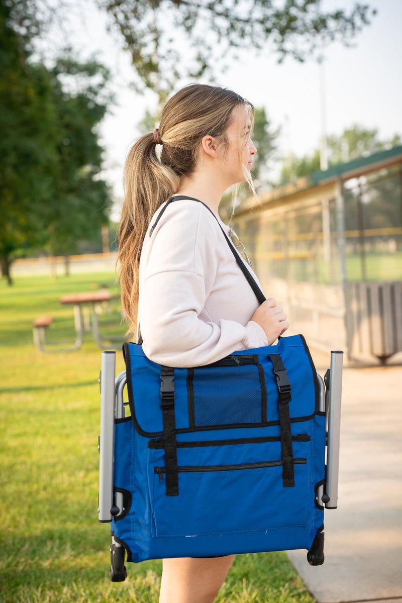 Stansport Tubular Frame Folding Stadium Seat with Arms - Blue/Tan (G-8-50)