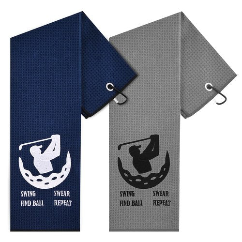 2 Pack Microfiber Golf Towels with Carabiner Clip, 24"*16" Tri-fold , Funny Embroidered Waffle Pattern Golf Cleaning Towel for Bags to Clean Ball and Club, Quickly Remove Sand, Mud, Dirt and Sweat