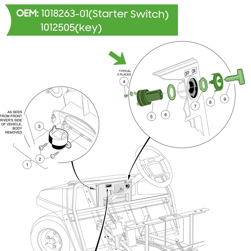 10L0L 12 Volt Ignition Key Switch for Club Car DS, Limo, Turf, Carryall 1 & 2 1996-up Gas Golf Cart, OEM 101826301, 1012505