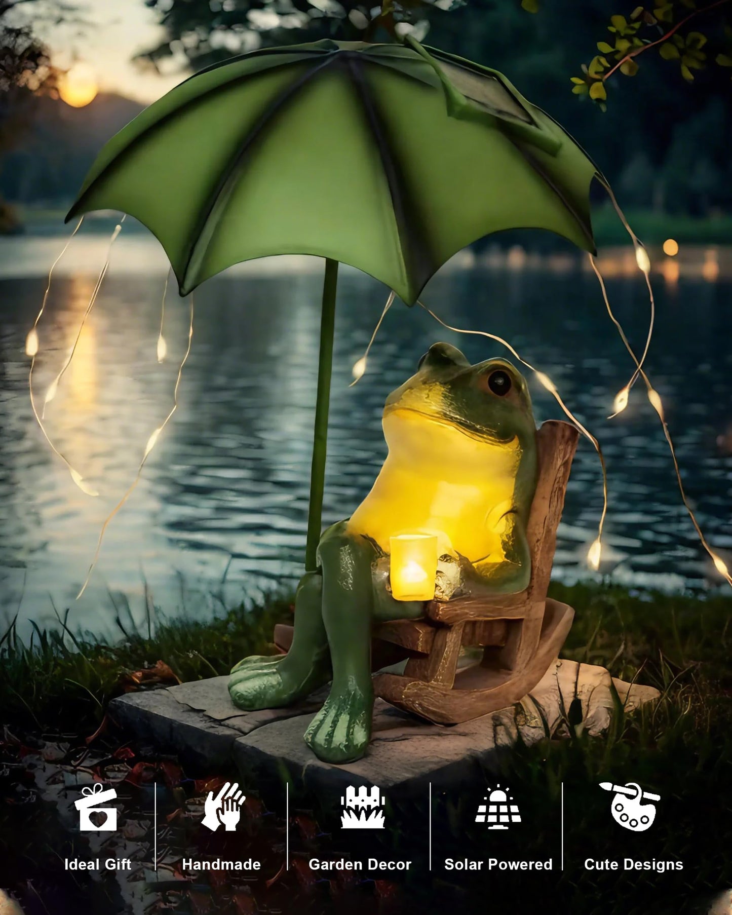 yiilead Frog Garden Statue, Solar Garden Frog Decor, Fairytale Courtyard Accessories Outdoor Figurine Lights, Art Housewarming Gift for Patio,Yard,Lawn Ornament