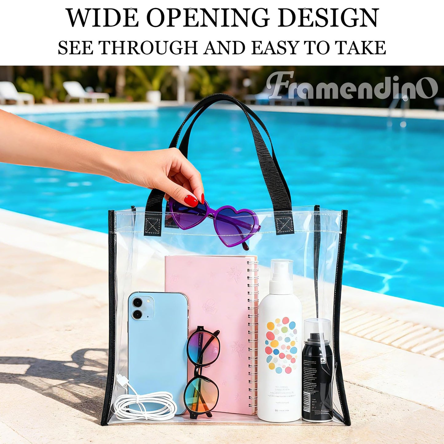 Framendino, 2 Pack Clear PVC Plastic Tote Bag Stadium Approved 12 x 6 x 12With Handles for Work Gym Beach Sports