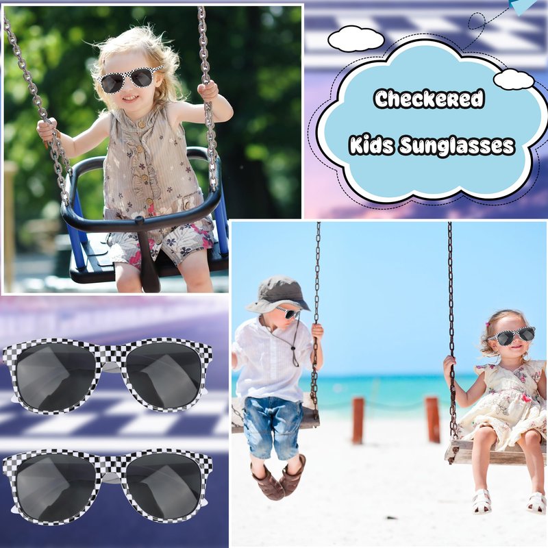 Octaday 24 Pcs Race Car Checkered Sunglasses Bulk White Frame Black Checker Sunglasses for Kids Racing Party Favor Supplies Racing Theme Birthday Gift