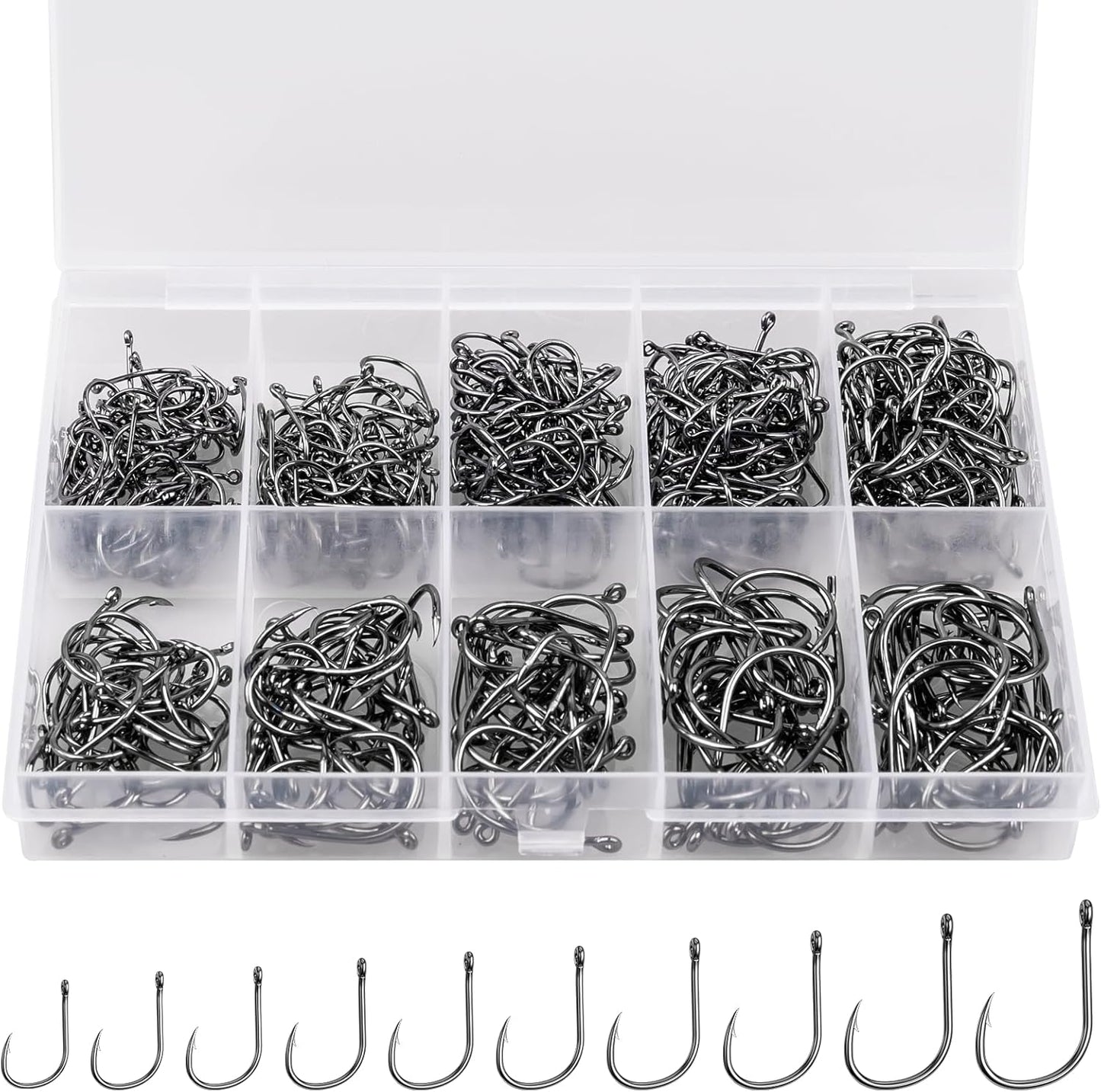 ReeMoo Premium Fishing Hooks - Strong Carbon Steel with Barbs | 500PCS in 10 Sizes with Portable Box