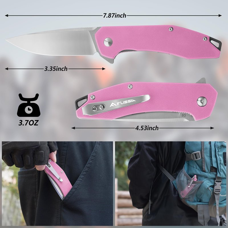 FLISSA Pocket Knife, Folding Tactical Knife with G10 Handle, D2 Blade, Liner Lock, Pocket Clip, EDC Knife for Hiking, Camping, Survival, Indoor and Outdoor Activities(Pink)