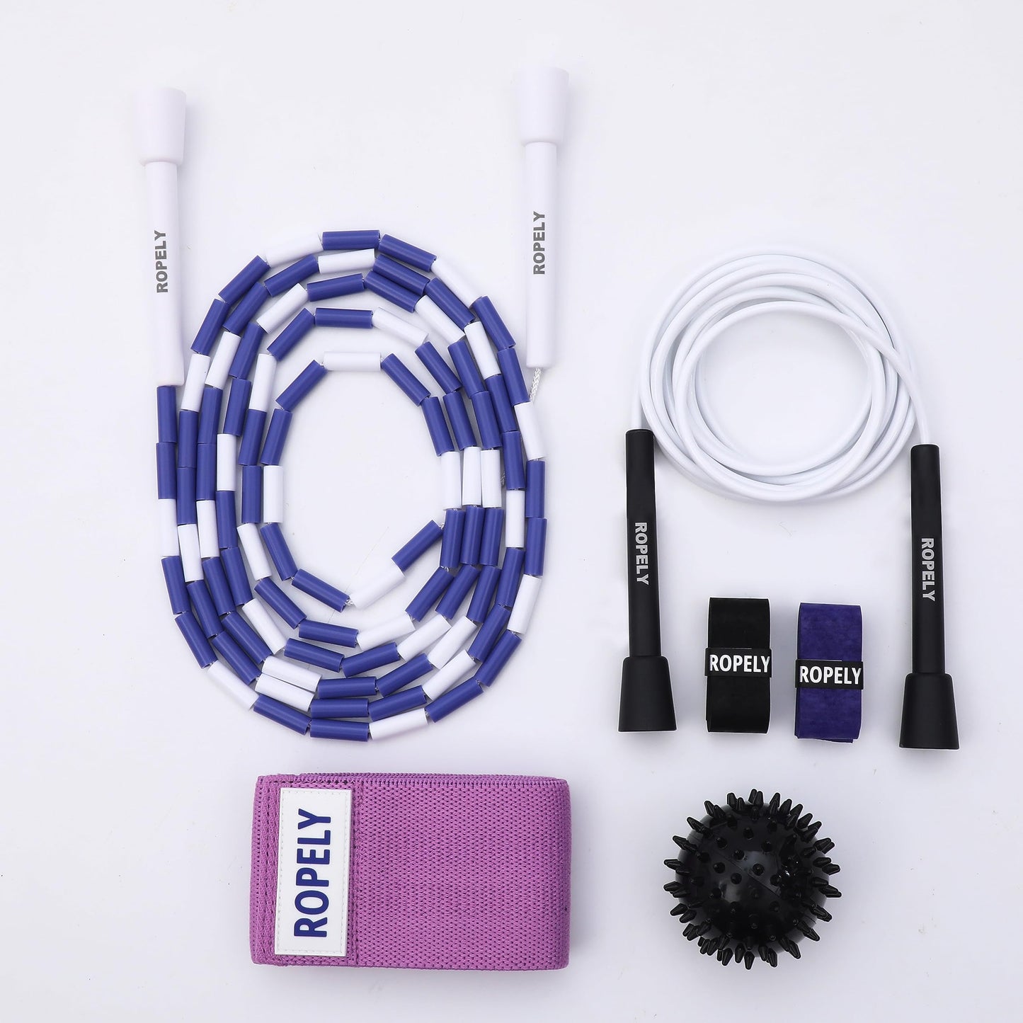 Ropely Skipping Rope 6-in-1 Set Jump Rope Beginner Friendly Kit with Tangle Free Segmented Beaded Rope, PVC Speed Rope, Massage Ball, Resistance Band, and Handle Tape, Adjustable Length (Purple/White)