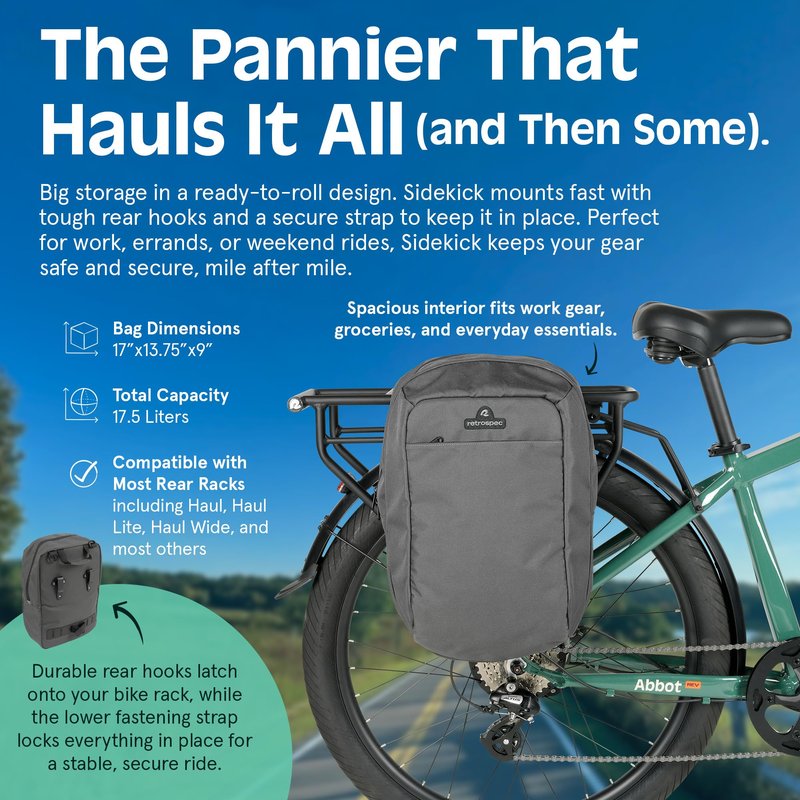 Retrospec Sidekick Single Pannier Bike Bag - Waterproof Commuter Pannier with Laptop Sleeve, Reflective Rain Cover & Carry Strap - Eco-Friendly 600D rPET - 17" Large Capacity