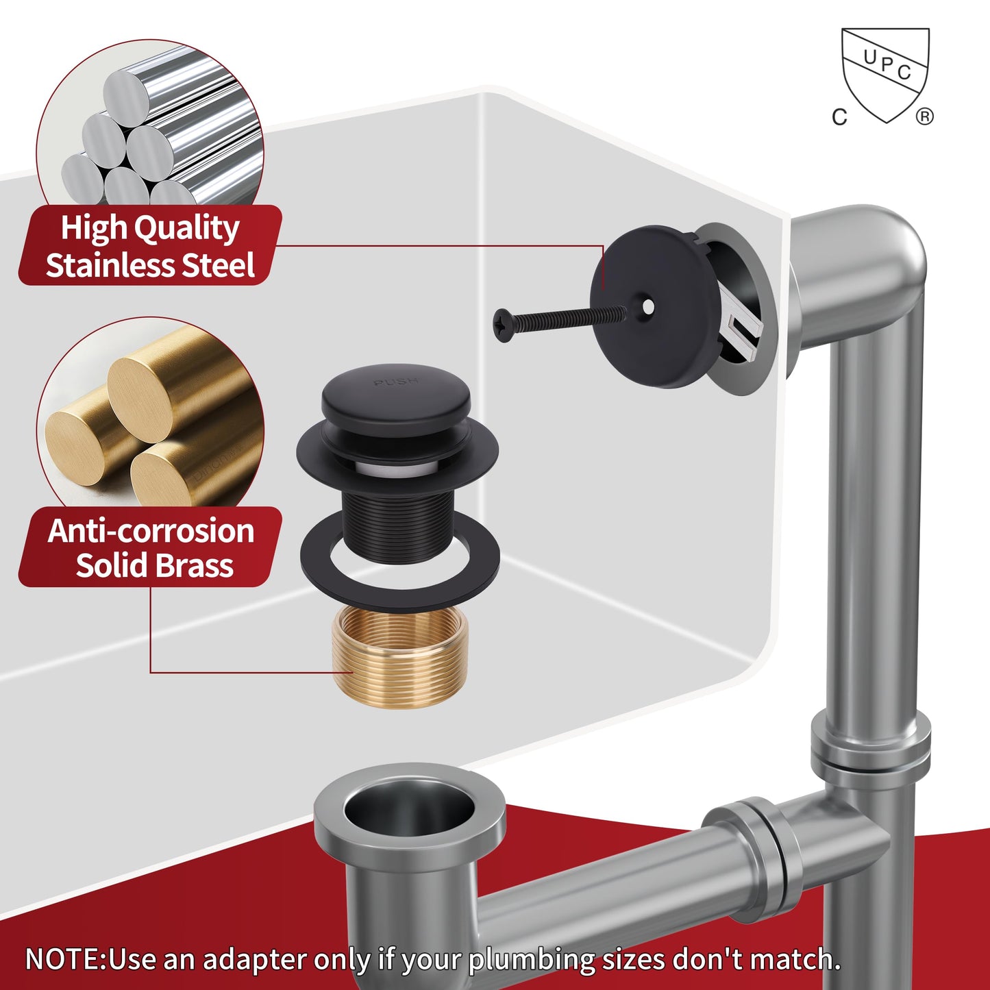 PRIMSOPH Tip-Toe Tub Drain Trim Kit with One Hole Overflow Faceplate Conversion Kit Assembly Universal Fine Coarse Thread Replacement Matte Black